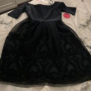 Navy blue dress/ gown. Twill bottom and stretchy top. Fits M to L. Worn once